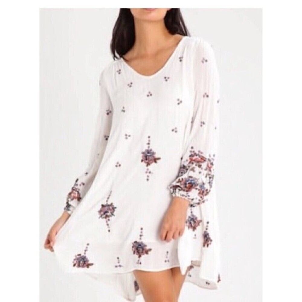Free People Ivory Oxford Embroidered Slip On Mini Swing Bohemian Dress Medium